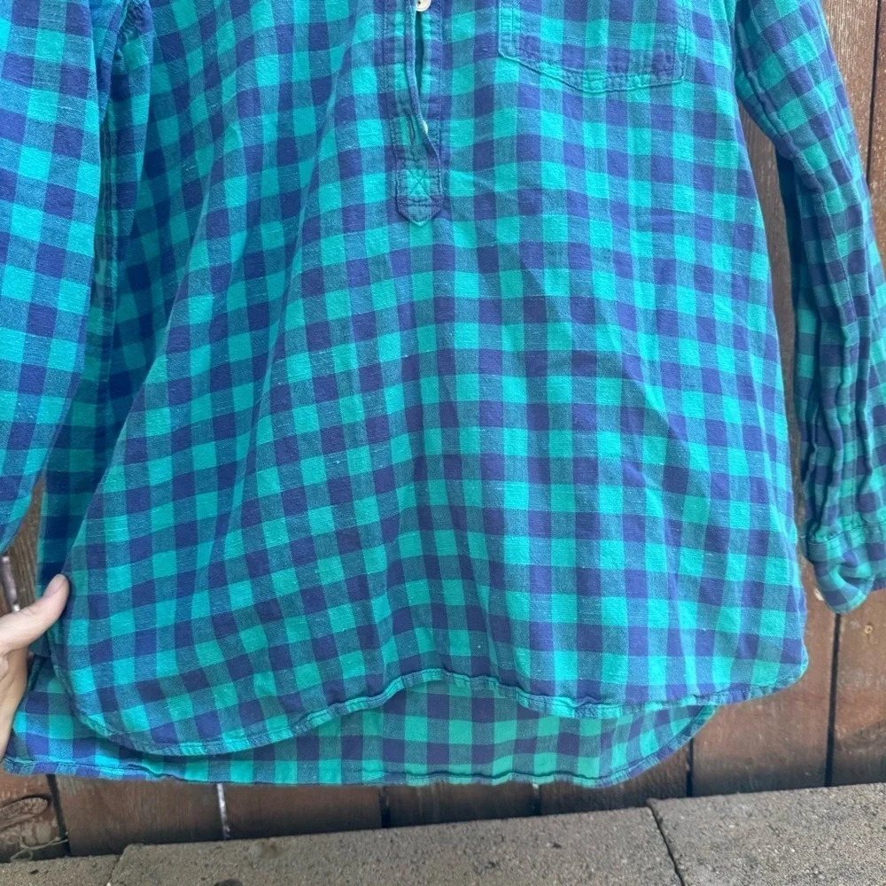 J CREW Women’s Green Blue Plaid Check Cotton Pull Over Blouse Shirt Size 4